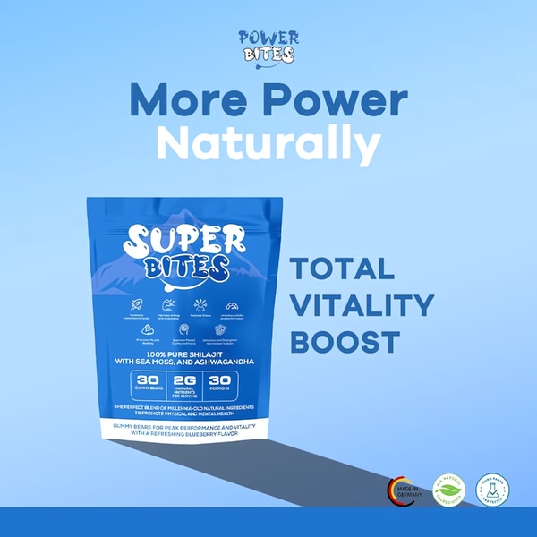 A clean, minimalist 1:1 ad creative highlighting the natural benefits and key ingredients of Shilajit gummies through clear icons and bold typography.